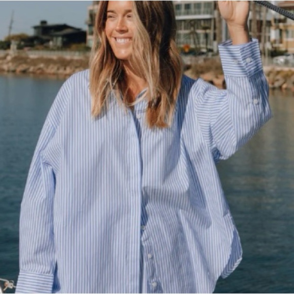 Daily drills!!! Oversized Button Down - Blue/White Stripe